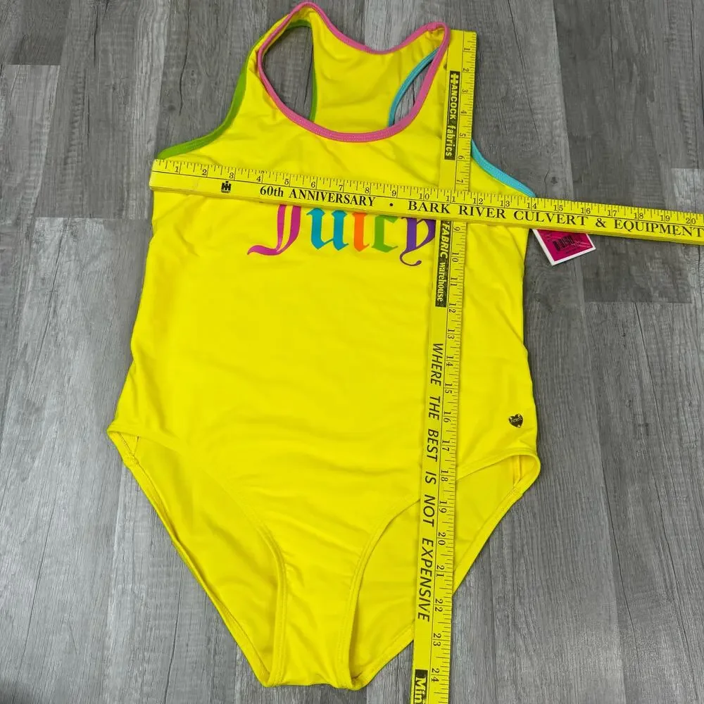 NWT Juicy Couture Girls Yellow Spell Out One Piece Swimsuit Size 16
